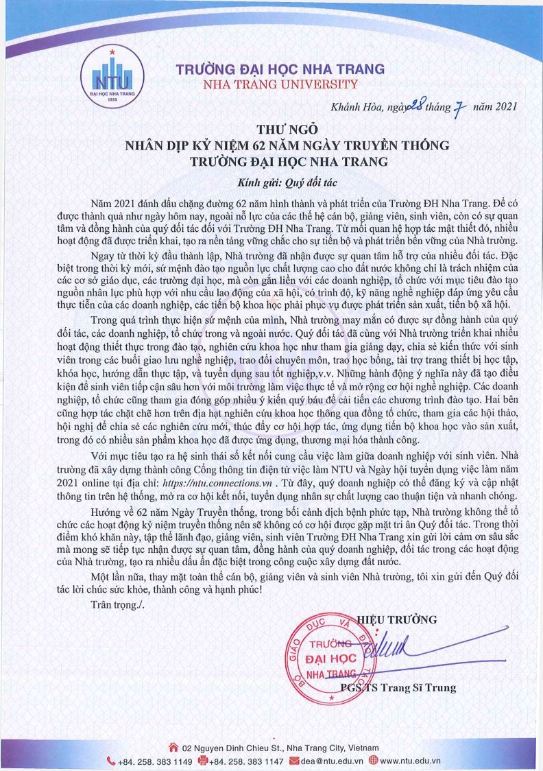 Thư ngỏ gửi đối tác Trường Đại học Nha Trang nhân 62 Năm ngày truyền thống